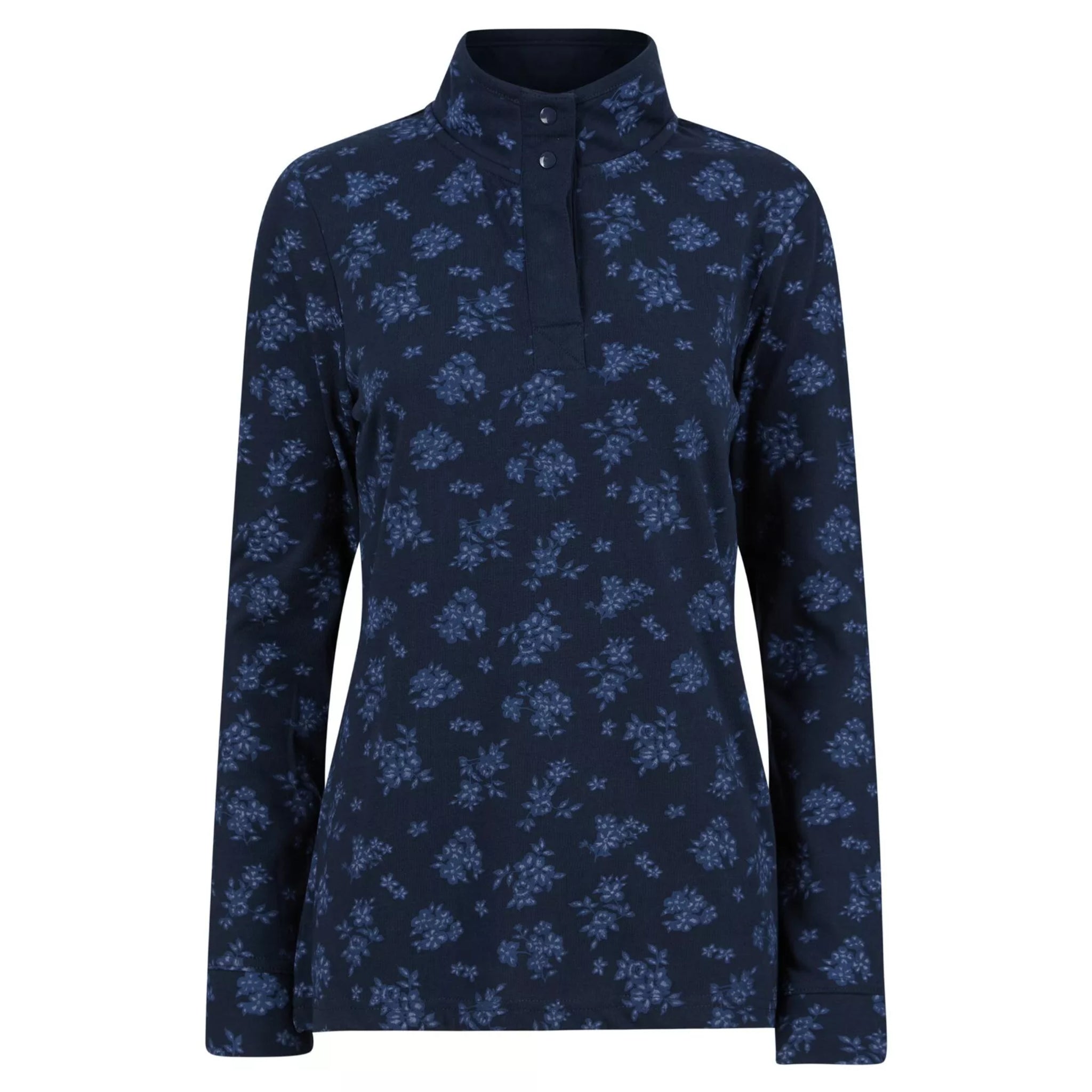 Women's navy blue long sleeve pullover with floral print and button-up stand collar.